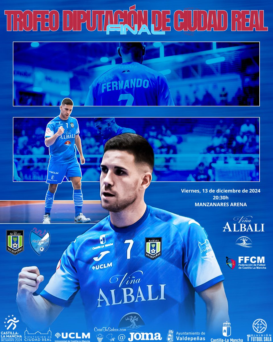 🏆 𝐗𝐈𝐈 𝐓𝐑𝐎𝐅𝐄𝐎 𝐃𝐈𝐏𝐔𝐓𝐀𝐂𝐈𝐎́𝐍 𝐃𝐄 𝐂𝐈𝐔𝐃𝐀𝐃 𝐑𝐄𝐀𝐋

⚔️ Final 
🆚 <a href="/ManzanaresFS/">ManzanaresFútbolSala</a>
🗓️ Viernes 13/12/24
📍 Manzanares Arena
⏰ 20:30h
📺 <a href="/CMM_Play/">CMMPlay</a>

#ViñaAlbaliValdepeñas #TrofeoDiputaciónCR