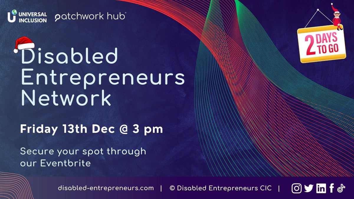 Just 2 days to go!  Friday 13th December at 3 pm – join us for a festive meeting of the Disabled Entrepreneurs Network (DEN) 🎁

To book your free place for the upcoming briefing, visit: bit.ly/3ThTo1H

<a href="/Patchworkhub/">Patchwork Hub ®</a> <a href="/univinclusion/">Universal Inclusion</a>