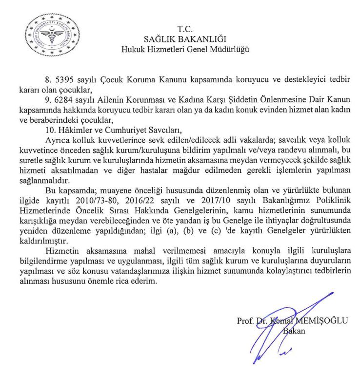 Sağlık Bakanlığı, Poliklinik hizmetleri öncelik sırası başlıklı genelge yayınlandı. 
Genelgede Sağlık çalışanlarının muayene öncelik sırasında yer almamaları dikkat çekti.
<a href="/saglikbakanligi/">T.C. Sağlık Bakanlığı</a>
<a href="/drmemisoglu/">Prof. Dr. Kemal Memişoğlu</a>

Yeni Dünya Gazetesi
Haber Merkezi - Ankara