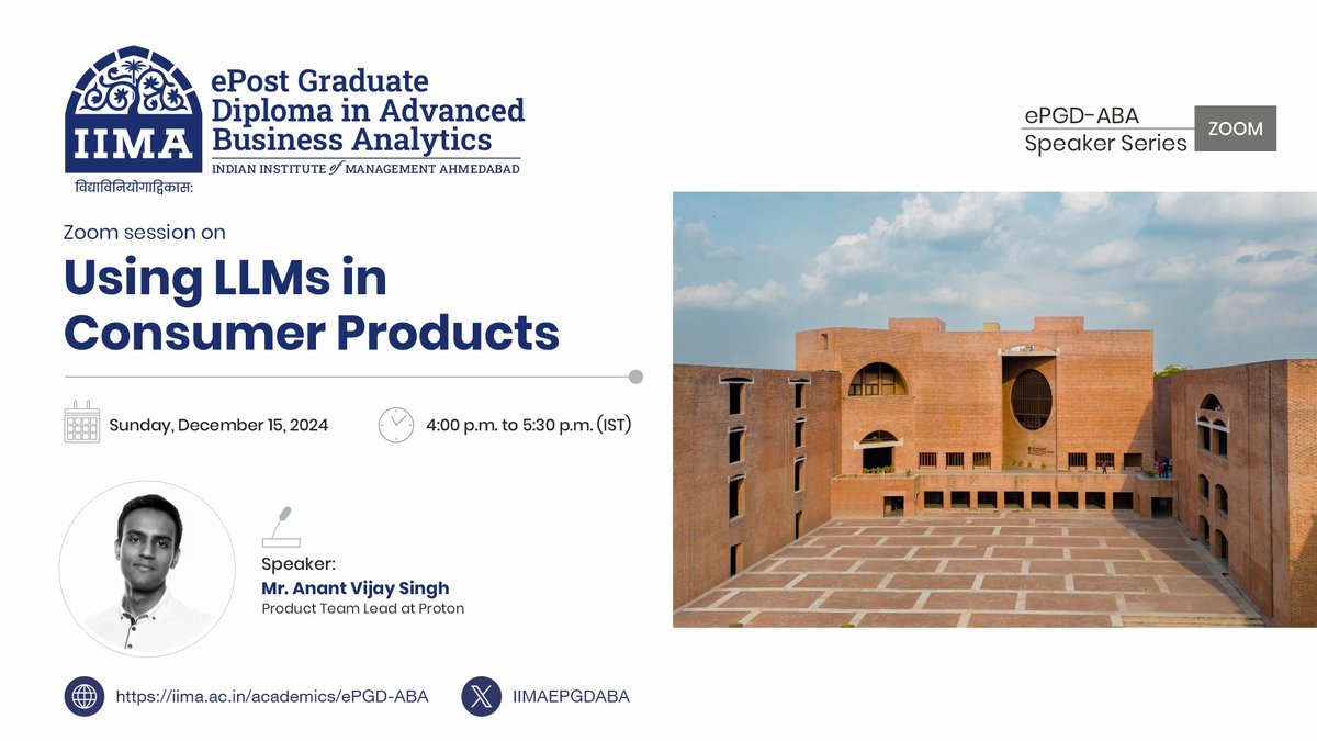 Guest Session!    

We are excited to welcome our guest speaker, Mr. Anant Vijay Singh, Product Team Lead at Proton. 

He will deliver a session on Sunday, December 15, 2024, for the ePGD-ABA students.