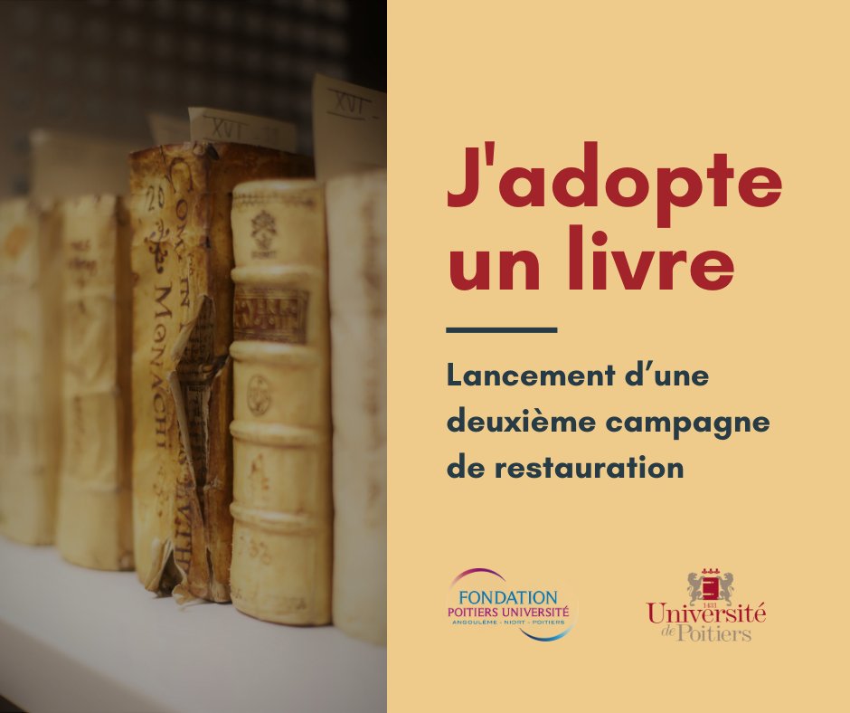 J'adopte un livre📙

Participez à la #restauration d'un ouvrage issu des collections remarquables de l'<a href="/UnivPoitiers/">Université de Poitiers</a> en devenant mécène de l'opération "J'adopte un livre". 

Pour en savoir plus sur la nouvelle campagne d'adoption : fondation.univ-poitiers.fr/jadopte-un-liv…