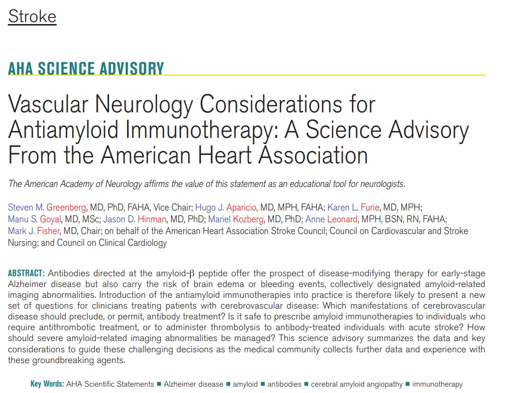 AHA Science (@ahascience) on Twitter photo This advisory discusses amyloid-related imaging abnormalities in ppl receiving antibodies directed at the amyloid-beta peptide for treatment of early-stage Alzheimer’s & safety issues related to treatment
✍🏼 <a href="/hugoapariciomd/">Hugo J. Aparicio, MD, MPH, FAHA</a> <a href="/HinmanLabUCLA/">Jason Hinman</a> <a href="/MarielKozberg/">Mariel Kozberg</a> <a href="/SMGreenbergNeur/">Steven M. Greenberg MD, PhD</a> <a href="/msgoyal/">Manu Goyal</a> This advisory discusses amyloid-related imaging abnormalities in ppl receiving antibodies directed at the amyloid-beta peptide for treatment of early-stage Alzheimer’s & safety issues related to treatment
✍🏼 <a href="/hugoapariciomd/">Hugo J. Aparicio, MD, MPH, FAHA</a> <a href="/HinmanLabUCLA/">Jason Hinman</a> <a href="/MarielKozberg/">Mariel Kozberg</a> <a href="/SMGreenbergNeur/">Steven M. Greenberg MD, PhD</a> <a href="/msgoyal/">Manu Goyal</a>