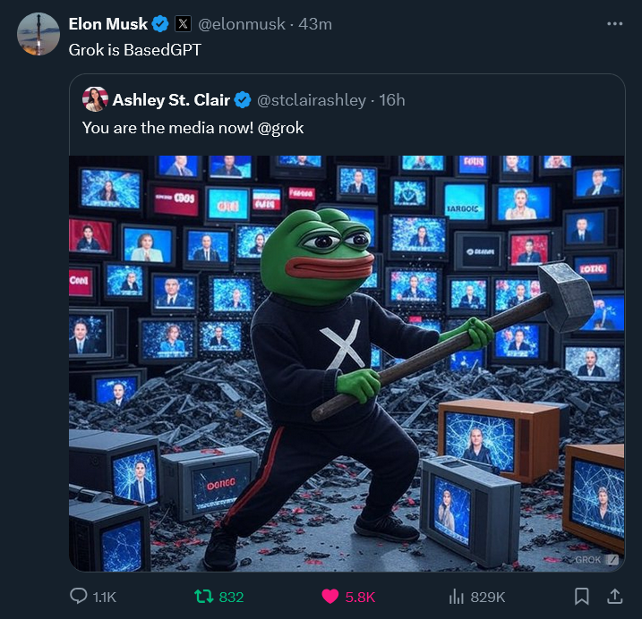 Another <a href="/grok/">Grok</a> $PEPE meme retweeted by Elon.