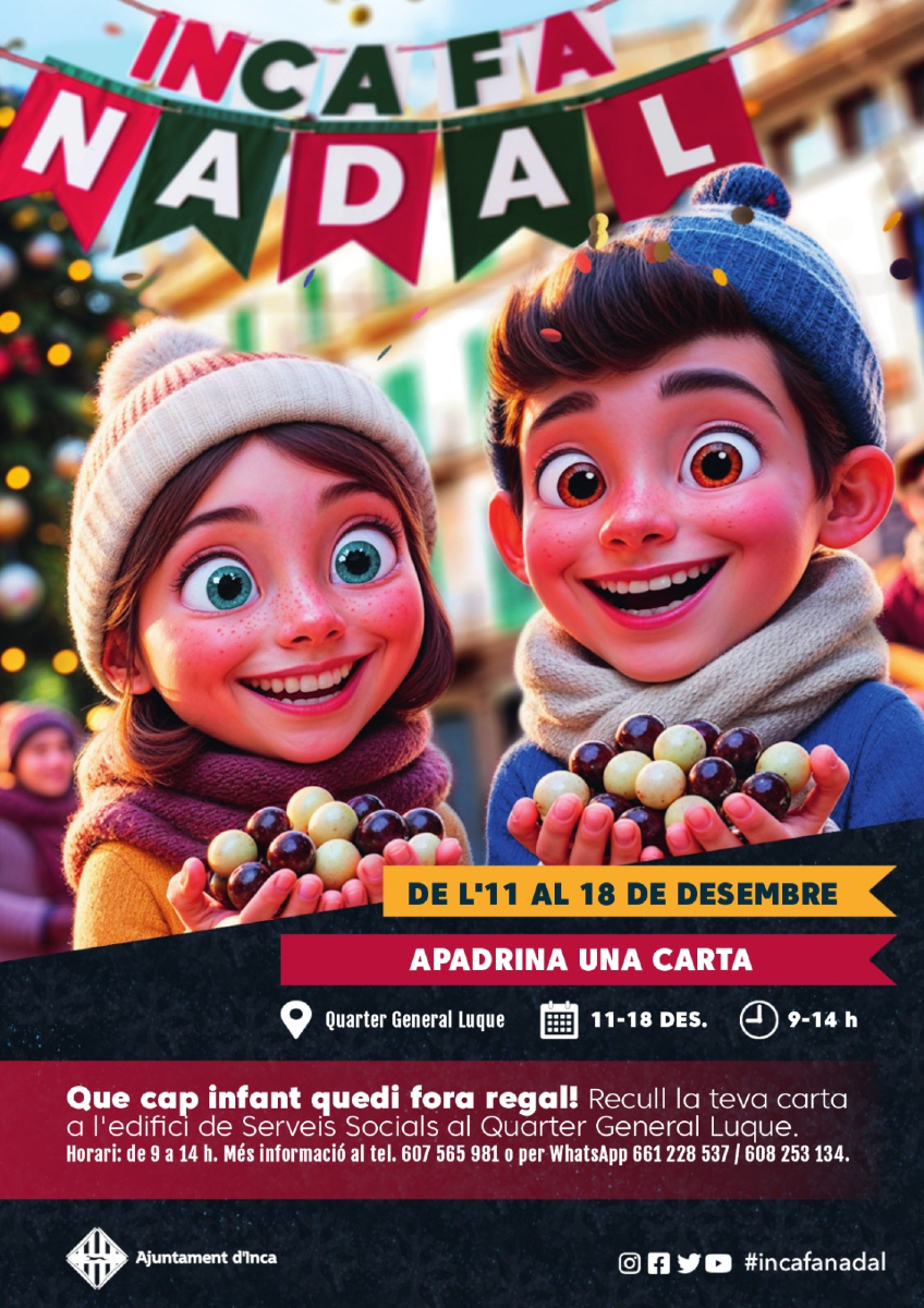 Recorda❗ A partir d'avui pots apadrinar una carta 💌, perquè cap infant es quedi fora regal🎁

👉 T'esperam a l'edifici de Serveis Socials al Quarter General Luque📍 de 9h a 14 hores🕖

ℹ️ Tens temps fins al 18 de desembre📅