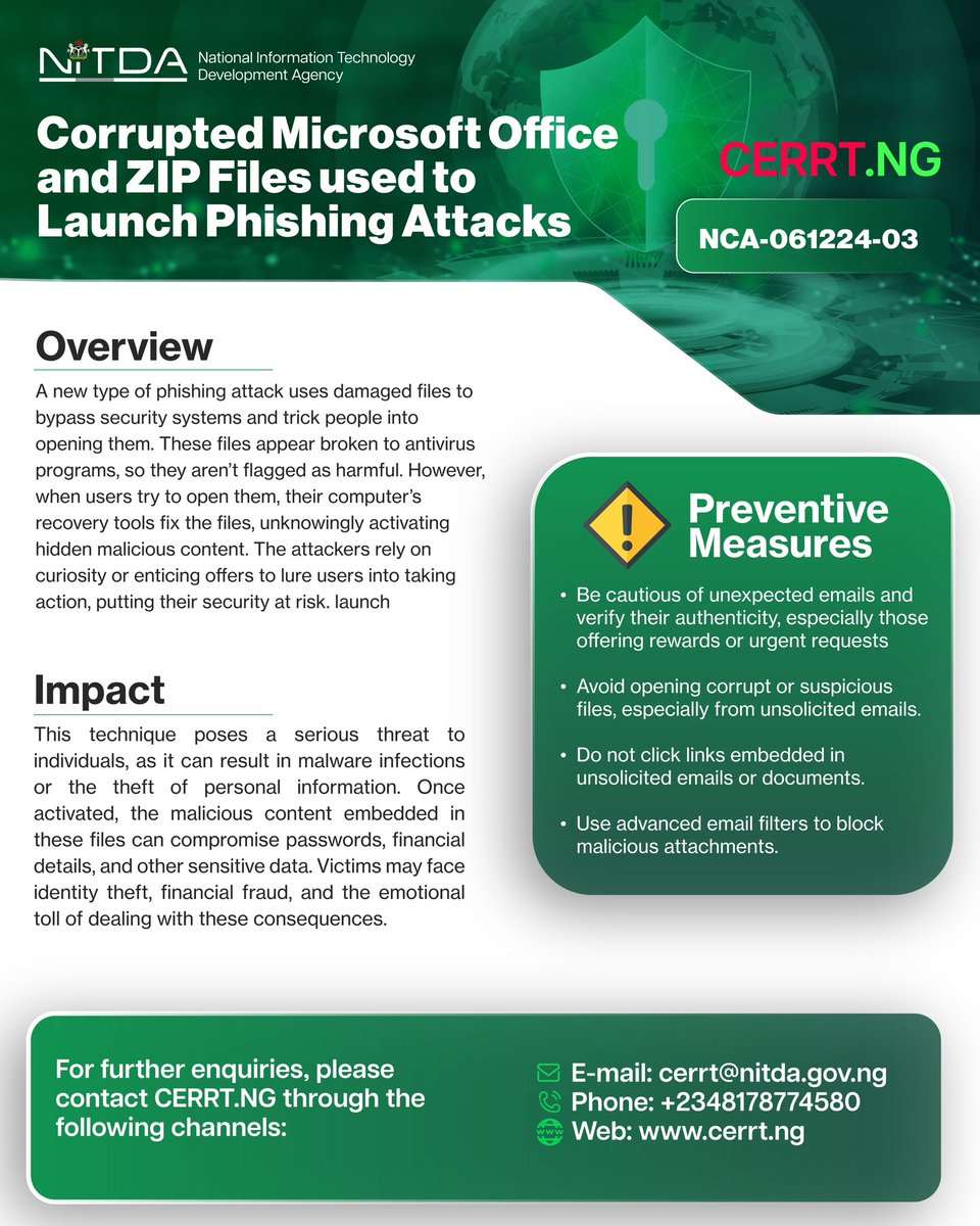 Warning ⛔️ : New Phishing Attack Utilises Corrupted Microsoft Office and ZIP Files⚠️⚠️

A recently discovered phishing tactic exploits corrupted Microsoft Office and ZIP files to evade security measures and deceive individuals into opening them. Exercise caution when receiving