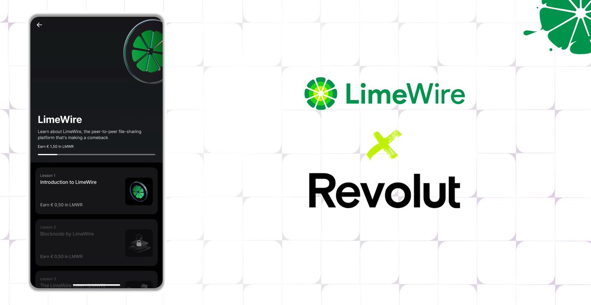 The $LMWR course is live with <a href="/RevolutApp/">Revolut</a>! Learning about LimeWire just got easier (and more rewarding) than ever 🚀

1️⃣ Head to the Revolut app
2️⃣ Tap Crypto in the menu
3️⃣ Head to “Discover” 👉 “Learn”
4️⃣ Choose the $LMWR course, take the quiz, and test your skills!