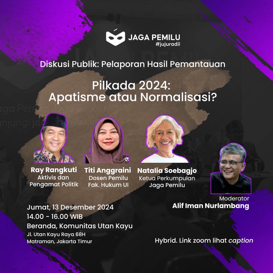 Yuk ikutan diskusi ini. Kami tunggu masukan2nya, offline maupun online. 

Zoom: bit.ly/DiskusiPublikJ…

#Pilkada2024 #pilkada #jagapemilu <a href="/titianggraini/">Titi Anggraini</a> <a href="/migrantcare/">Migrant CARE</a> <a href="/perludem/">Perludem</a>