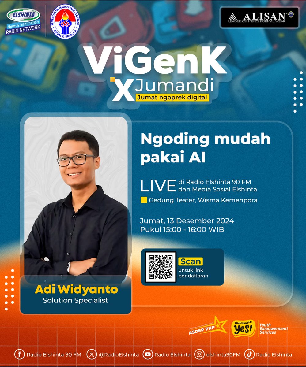RadioElshinta's tweet image. Ingin ciptakan aplikasi keren tapi nggak punya coding skill?  Vigenk x Jumandi bantu kamu!

Pelajari cara memanfaatkan AI untuk mempermudah proses ngoding. 

Jumat, 13 Desember, pukul 15.00 WIB.

Live dari Gedung Teater, Wisma Kemenpora.

 #VigenkxJumandi #AIforCoding #Developer