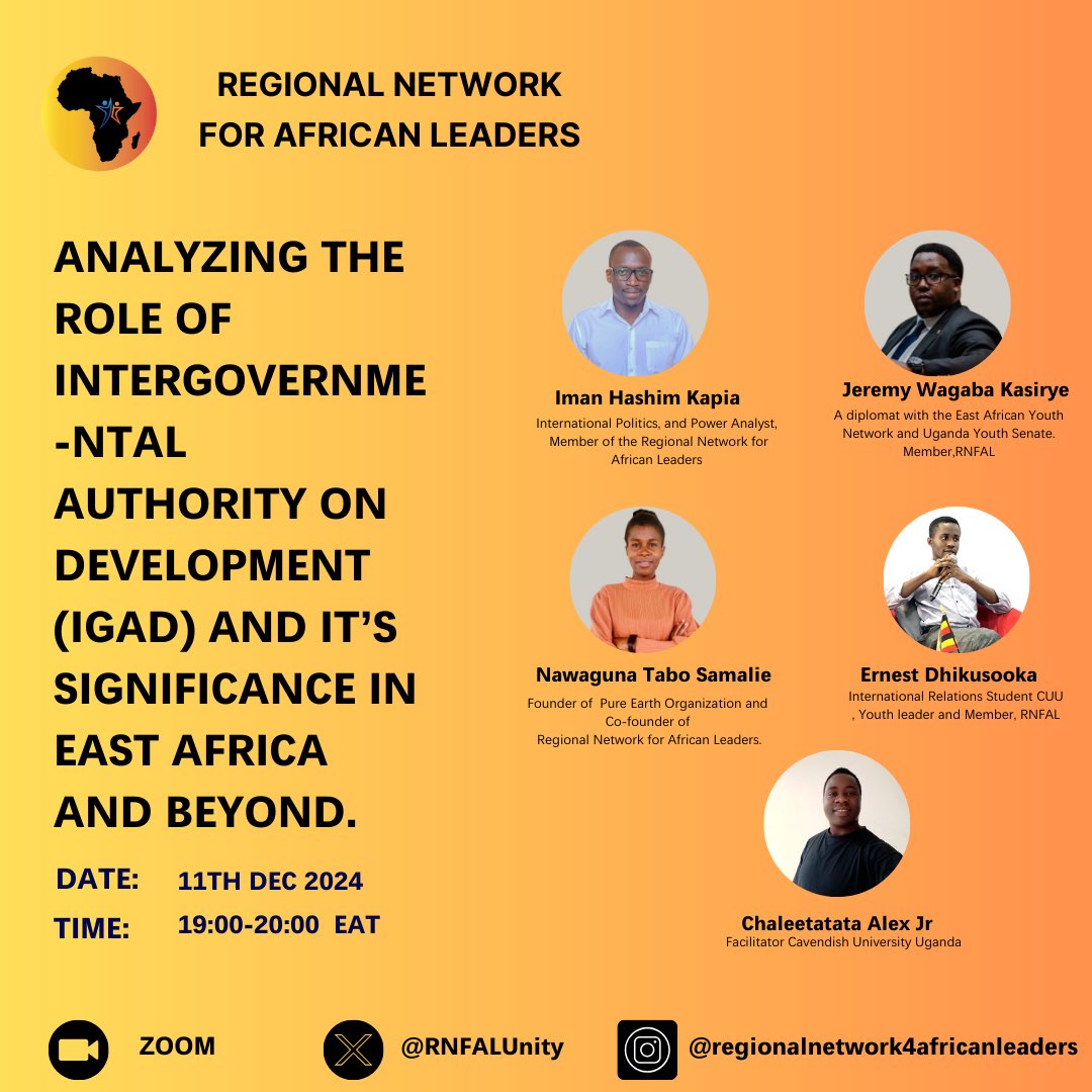 MEC African Youth Collective (AYC) (@rnfalunity) on Twitter photo Todayโs event ๐, join this pannel analyzing the role of the Intergovernmental Authority on Development (IGAD) in development in East Africa and beyond.
<a href="/JeremyKasirye/">WAGABA ๐บ๐ฌ</a> @iHashimkapia <a href="/NawagunaS/">Nawaguna Tabo Samalie ๐บ๐ฌ</a> @chaleetatata Alex
Time โฑ๏ธ: 7p.m EAT
Register: us06web.zoom.us/j/85485990624?โฆ Todayโs event ๐, join this pannel analyzing the role of the Intergovernmental Authority on Development (IGAD) in development in East Africa and beyond.
<a href="/JeremyKasirye/">WAGABA ๐บ๐ฌ</a> @iHashimkapia <a href="/NawagunaS/">Nawaguna Tabo Samalie ๐บ๐ฌ</a> @chaleetatata Alex
Time โฑ๏ธ: 7p.m EAT
Register: us06web.zoom.us/j/85485990624?โฆ