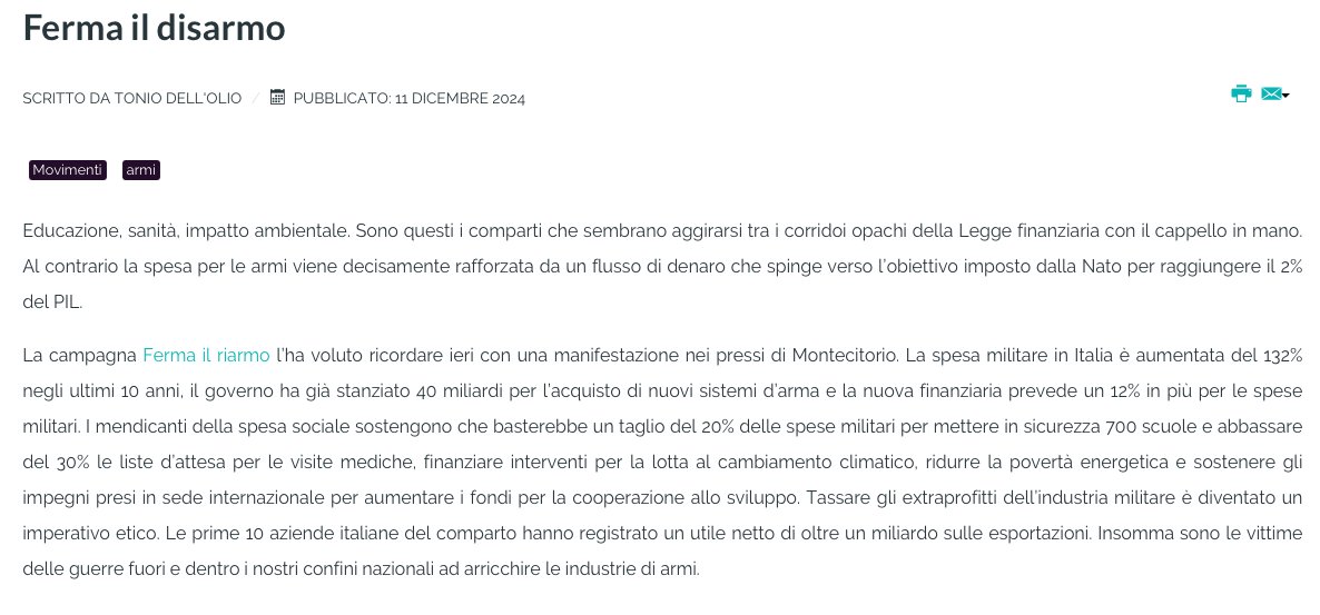 #Mosaicodeigiorni Educazione, sanità, impatto ambientale. Sono questi i comparti che sembrano aggirarsi tra i corridoi opachi della Legge finanziaria con il cappello in mano. Al contrario la spesa per le armi...  <a href="/maurobiani/">Mauro Biani</a> <a href="/liberainfo/">Libera Informazione</a> <a href="/RetePaceDisarmo/">Rete Italiana Pace e Disarmo</a>  mosaicodipace.it/index.php/rubr…