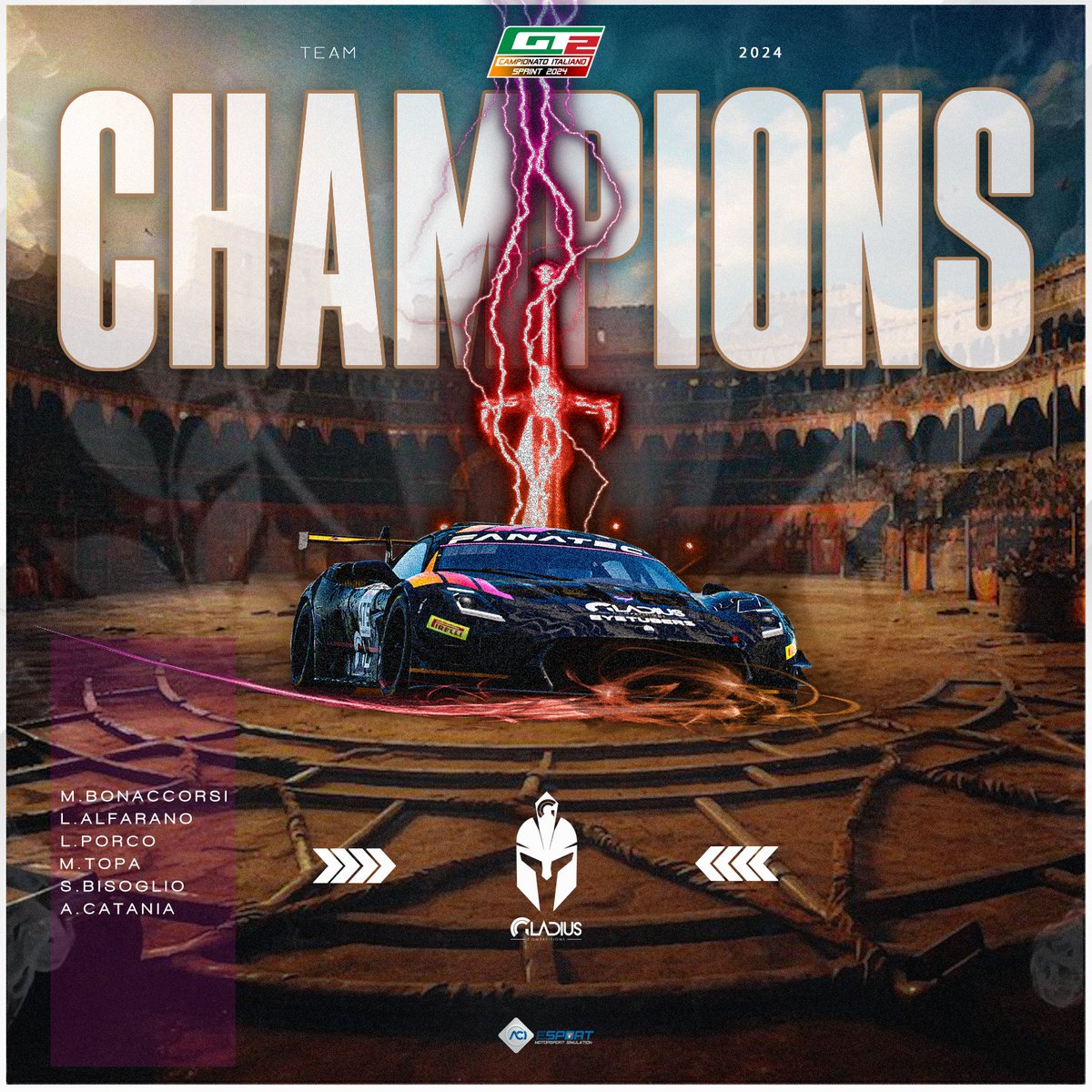 Gladius Competitions (@gladius_c) on Twitter photo CHAMPIONS of the Italian GT2 Championship! ACI ESport
We win the **drivers' standings** and the **team standings**!
Two major victories that bring the first two titles to #gladiuscompetitions <a href="/SPQRacing/">SPQRacing ASD</a> <a href="/AC_assettocorsa/">Assetto Corsa</a>
An outstanding team effort! CHAMPIONS of the Italian GT2 Championship! ACI ESport
We win the **drivers' standings** and the **team standings**!
Two major victories that bring the first two titles to #gladiuscompetitions <a href="/SPQRacing/">SPQRacing ASD</a> <a href="/AC_assettocorsa/">Assetto Corsa</a>
An outstanding team effort!