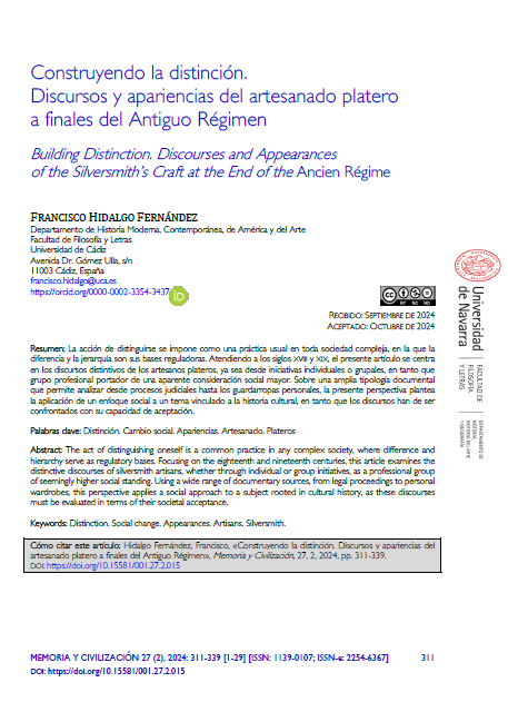 PacoHidalg's tweet image. ‼️Nuevo número de la revista Memoria y Civilización y nuevo artículo:

&quot;Construyendo la distinción. Discursos y apariencias del artesanado platero a finales del Antiguo Régimen&quot;

revistas.unav.edu/index.php/myc/…