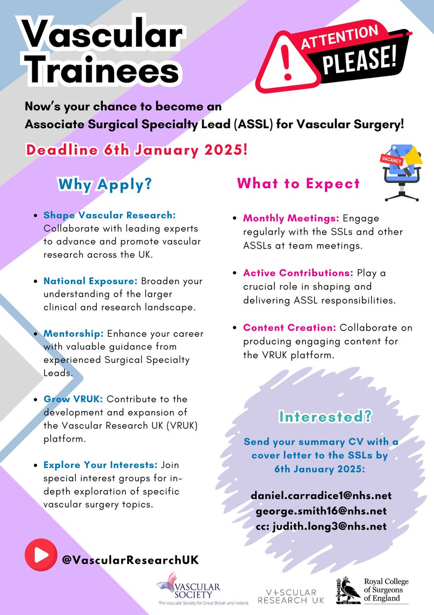VascularHull (@vascularhull) on Twitter photo 🚨Vascular trainees <a href="/VascResearchNet/">VERN</a> <a href="/RouleauxClub/">Rouleaux Club</a> <a href="/VSGBI/">Vascular Society</a> <a href="/VascResearchUK/">Vascular Research UK</a> Apply to be an Associate Surgical Specialty Lead (ASSL). Help shape vascular research, gain mentorship, & collaborate on a national level😎 Send CV and cover letter by 6th Jan info below 👇@danielCarradice 🚨Vascular trainees <a href="/VascResearchNet/">VERN</a> <a href="/RouleauxClub/">Rouleaux Club</a> <a href="/VSGBI/">Vascular Society</a> <a href="/VascResearchUK/">Vascular Research UK</a> Apply to be an Associate Surgical Specialty Lead (ASSL). Help shape vascular research, gain mentorship, & collaborate on a national level😎 Send CV and cover letter by 6th Jan info below 👇@danielCarradice