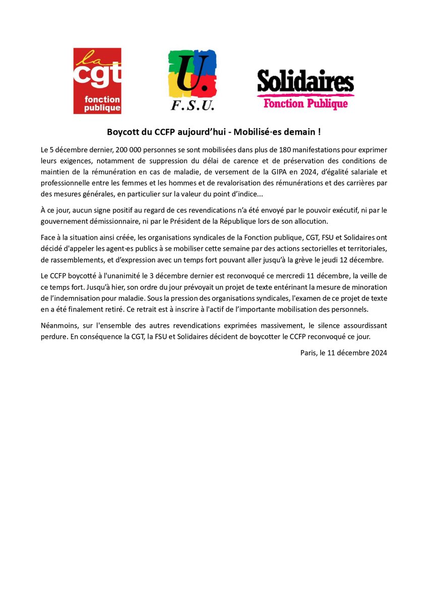 🔴 Boycott du Conseil commun de la Fonction publique aujourd’hui - Mobilisé⋅es demain ! 
Toutes et tous en grève et dans les manifestations le 12 décembre ✊
Communiqué intersyndical #CGT <a href="/FsuNationale/">FSU</a> <a href="/SolidairesFP/">Solidaires Fonction Publique</a> en téléchargement 👇
 cgtetat.fr/fonction-publi…