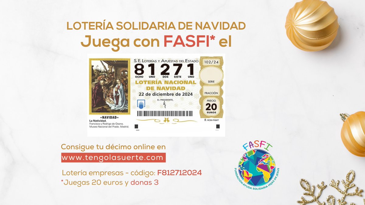¡Quedan muy poquitos décimos!

Lotería solidaria FASFI tengolasuerte.com/loteria-empres…

➡️ Lotería de empresas, código: F812712024