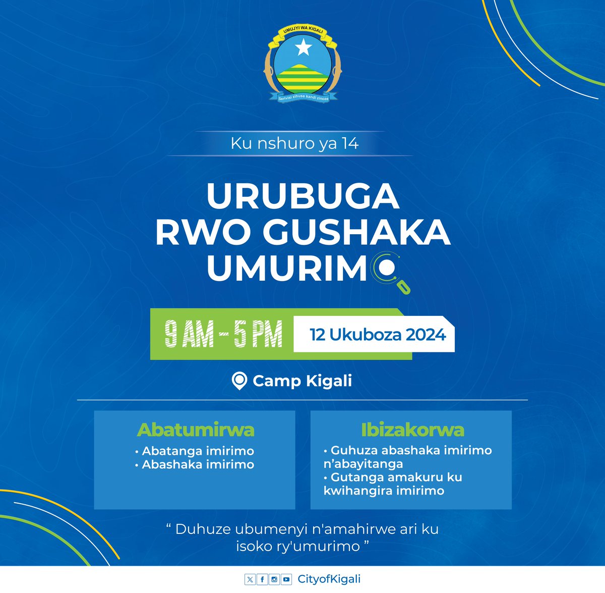CityofKigali's tweet image. Wa munsi nyirizina wageze! 

Turashimira mwese abiyandikishije kwitabira #JobNet ku rwego rw'abatanga imirimo n'abayikeneye. 

Niba wariyandikishije, nta yindi nteguza! Itegure ejo tuzahurire muri #KCEV (Camp Kigali) guhera 9h00. 

#KigaliYacu