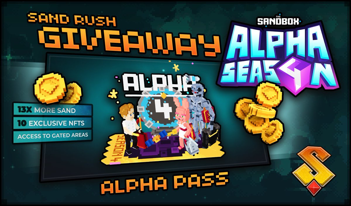 thesandrush's tweet image. Alpha Pass Giveaway! 🎁🎟️✨

#AlphaSeason4 on @TheSandboxGame still runs for more than a week, time to rake in these juicy $SAND &amp;amp; #NFT rewards! 

How to enter:
1️⃣ Like this post ❤️
2️⃣ Follow @thesandrush 
3️⃣ Tag 3 frens in the comments

#Giveaway details below - Good luck! 🍀