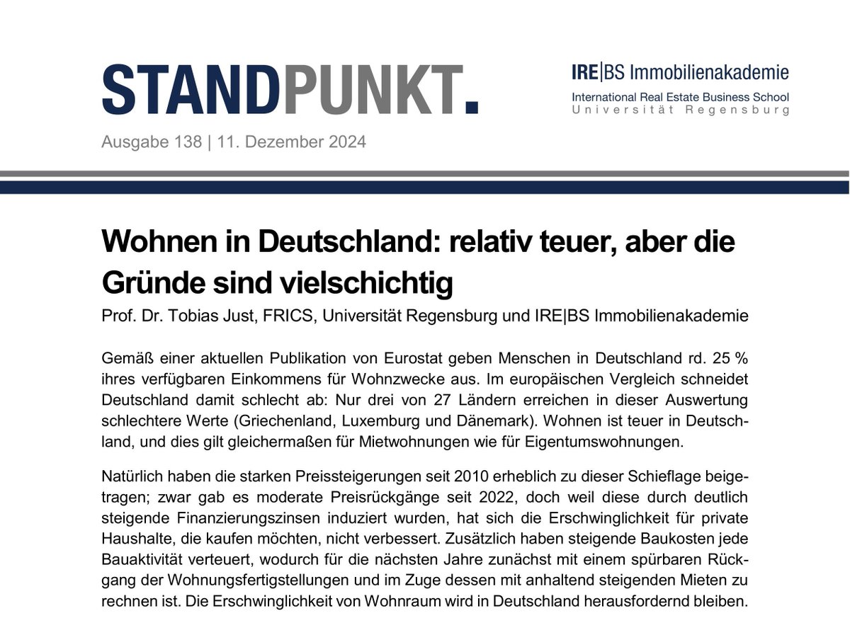 📢 𝗙𝗿𝗶𝘀𝗰𝗵 𝗴𝗲𝗱𝗿𝘂𝗰𝗸𝘁 #IREBS #Standpunkt 𝗡𝗿. 𝟭𝟯𝟴 – #Wohnen in #Deutschland: relativ teuer, aber die Gründe sind vielschichtig

Wir wünschen viel Erkenntnis beim Lesen.
👉 bit.ly/4fbm04r