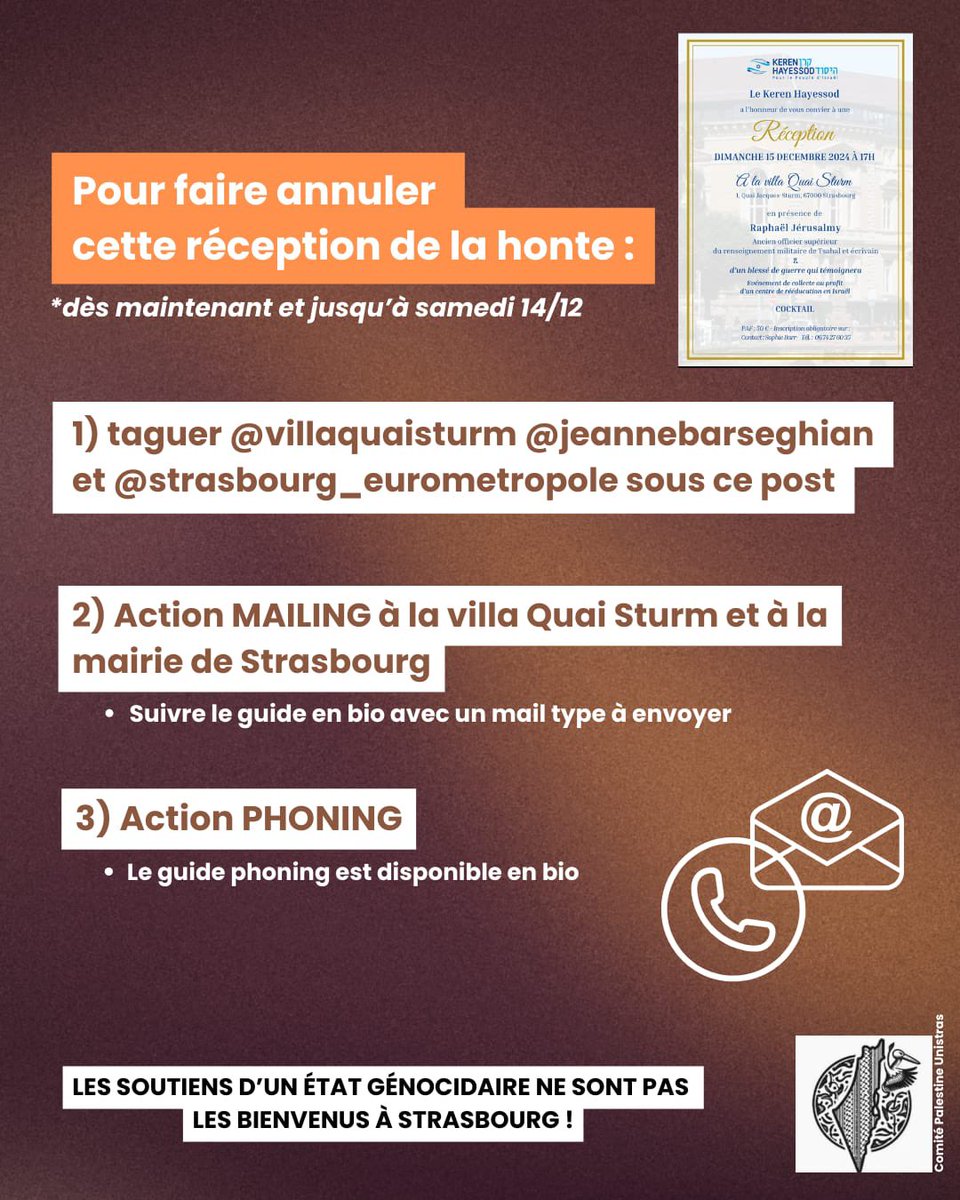 cjacp67's tweet photo. Annulons cette réception de la honte à Strasbourg !

Organisée par le Keren Hayessod qui invite Raphaël Jerusalmy ancien officer du renseignement militaire israélien. 
L'association en question fait la promotion de la colonisation, qui est un crime contre l’humanité ! https://t.co/txBbJrGaIH