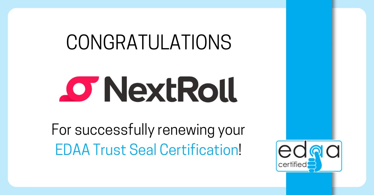 EDAA (@edaatweets) on Twitter photo ๐ Congratulations to <a href="/NextRoll_Inc/">NextRoll Inc.</a> for being awarded the EDAA Trust Seal once again! Thank you ๐ for your ongoing commitment to upholding industry standards in data-driven advertising! ๐ Congratulations to <a href="/NextRoll_Inc/">NextRoll Inc.</a> for being awarded the EDAA Trust Seal once again! Thank you ๐ for your ongoing commitment to upholding industry standards in data-driven advertising!