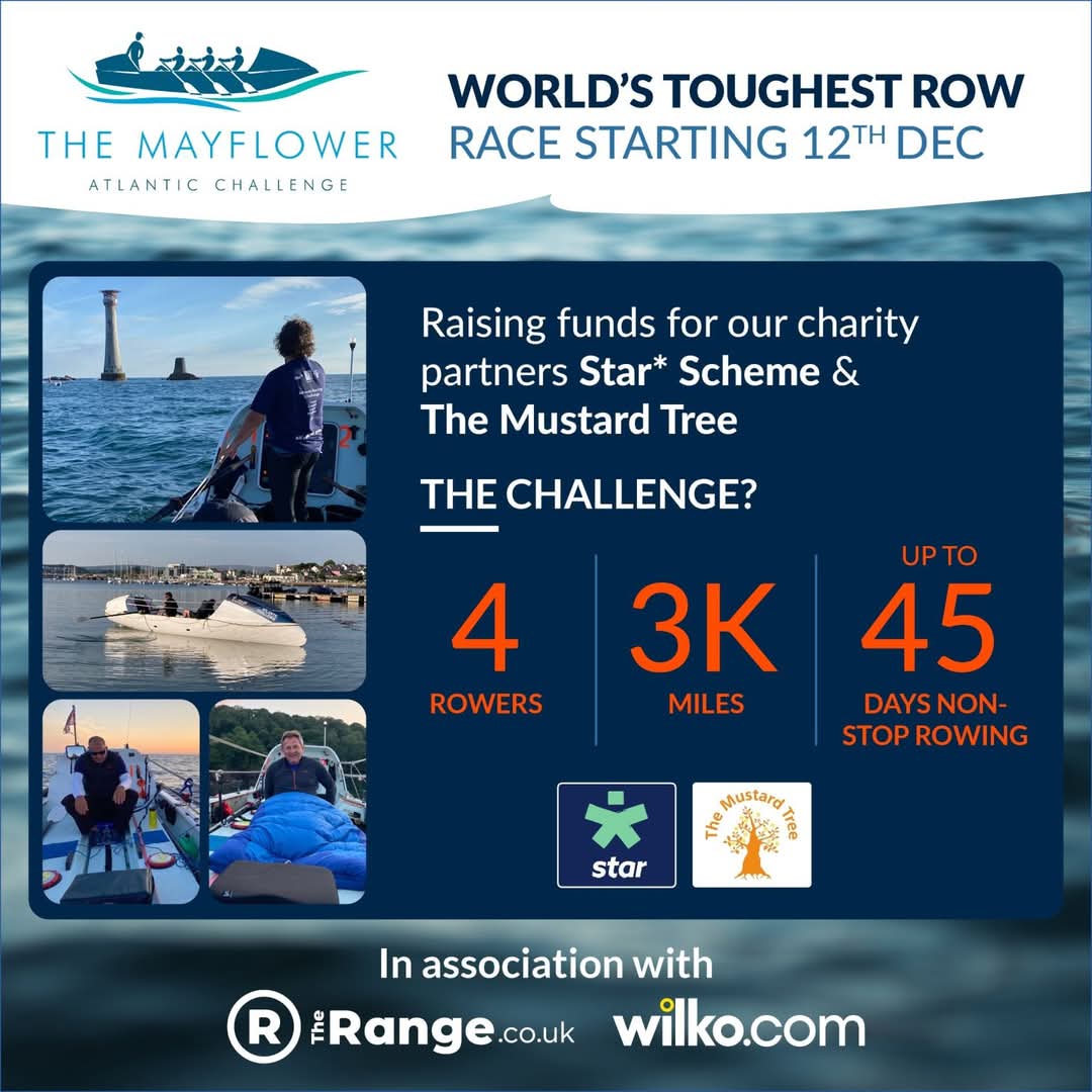 Team Mayflower have just set off. Four local lads rowing 24/7 for 6 weeks in the  #WorldsToughestRow across the Atlantic. They're  rowing to raise funds for two great charities the Star☆Scheme and The Mustard Tree
📱 Track: YB Races app
📺 YouTube (World's Toughest Row 2024)