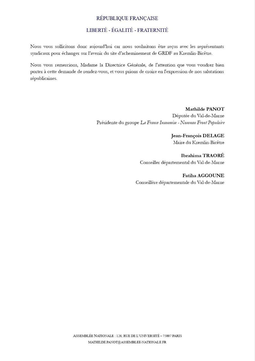 Le plan d’économie de 180 millions d’euros prévu par GRDF est une catastrophe. Au Kremlin-Bicêtre, GRDF souhaite ainsi faire disparaître un plateau de 106 salariés.

Dans un courrier commun avec <a href="/jeanfdelage/">Jean-François Delage</a>, <a href="/FatihaAggoune/">Fatiha Aggoune</a> et @Ibrahima Traoré nous écrivons à la directrice
