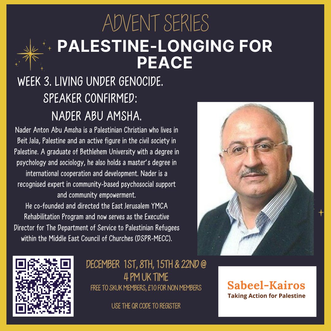 On Sunday Dec 15th, Nader Abu Amsha will be sharing about the important work of DSPR in #Gaza and his experience and message this Advent.
To attend you can register on the link below or use the QR code.
us06web.zoom.us/.../tZItceuqrz…...