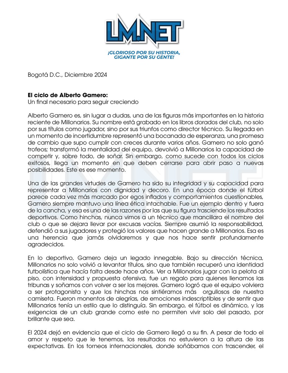 lemasaCDLM's tweet photo. Para mí. Alberto Gamero ciclo cumplido en Millonarios. 

Gracias por todo pero es hora de dar el paso al
Costado. https://t.co/rGV2uVrl1r