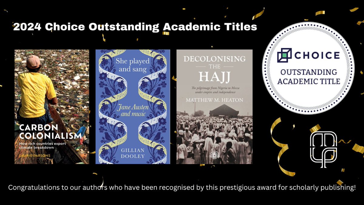 Congrats to our Choice Outstanding Academic Title winners! 🏆   

From books on the climate crisis, Jane Austen and music, and religious pilgrimage, we're delighted to see these three MUP titles recognised as some of the best in scholarly publishing from 2024.
#awardwinning