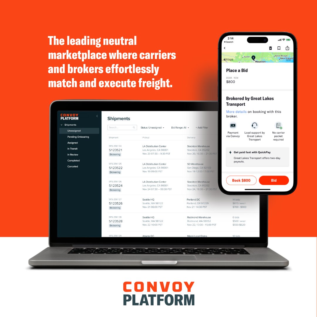 convoyplatform's tweet image. 🚀 It’s official, the Convoy Platform is on X! We're the leading neutral marketplace where carriers &amp;amp; brokers seamlessly match &amp;amp; execute freight. Our AI-powered platform automates the freight process, driving efficiency &amp;amp; reducing costs. Thanks for joining us on this journey!