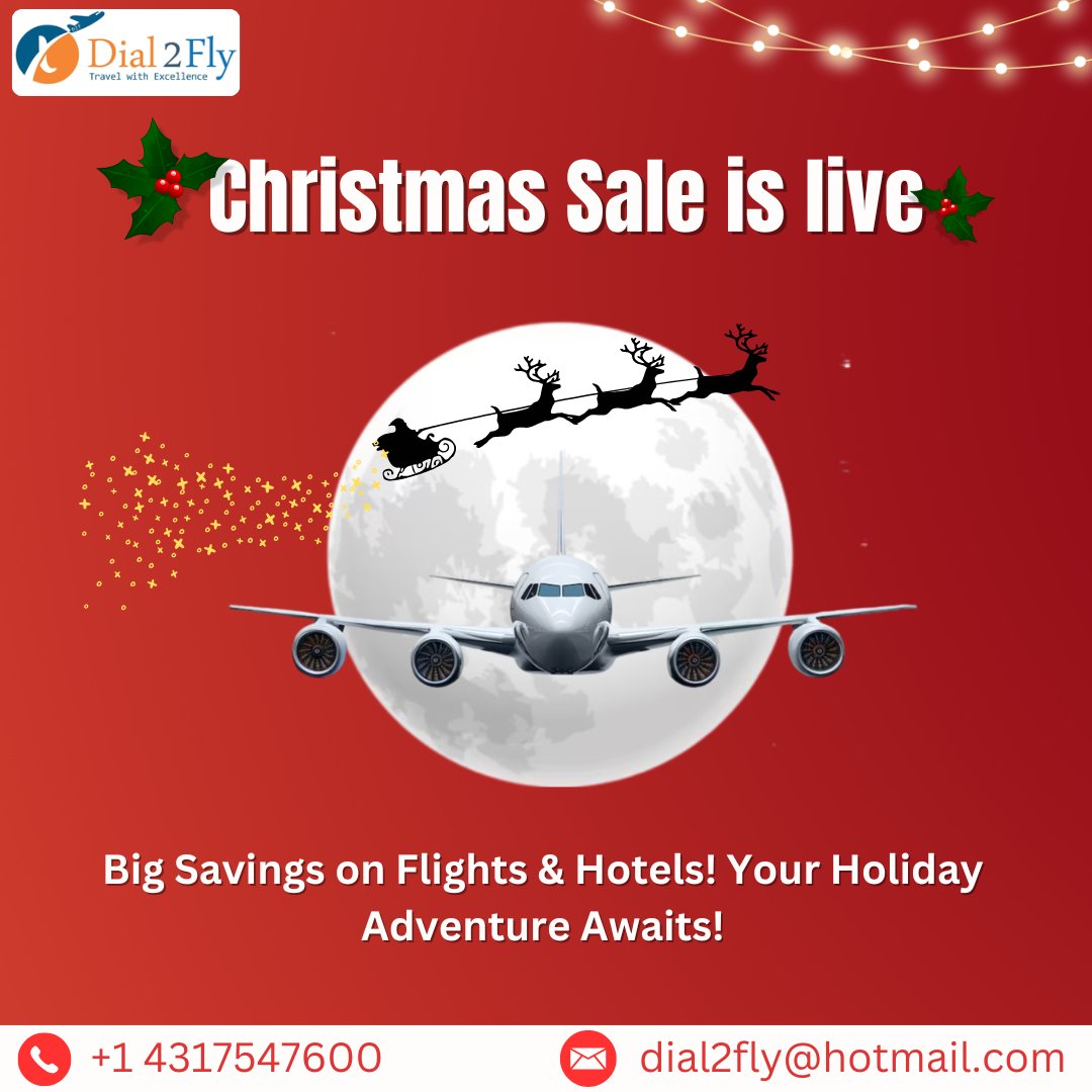 dial2fly_'s tweet photo. Don’t miss out on the ultimate Christmas gift—huge savings on flights and hotels! Dial2Fly’s Christmas Sale is on until December 25th only.  Book your dream getaway today and make this holiday season unforgettable! 🎁✈️🎅

#Dial2Fly #ChristmasSale #TravelDeals #LimitedTimeOffer https://t.co/o9KIRFoMMY