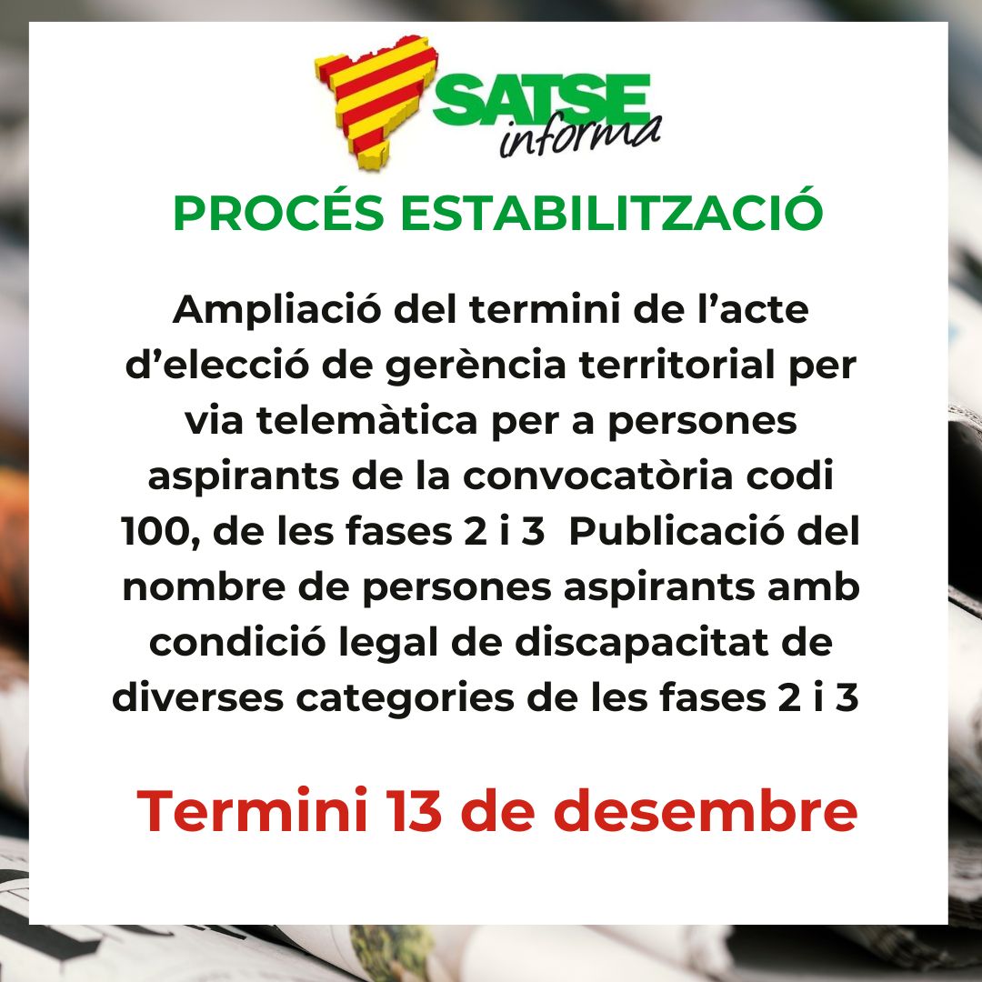 SATSECatalunya's tweet photo. #OposICS #Estabilització : ampliació del termini de l’acte d’elecció de gerència territorial per via telemàtica.
Llegeix més 👉 https://t.co/sEO7QIUYWz https://t.co/c4gEEPgCwa