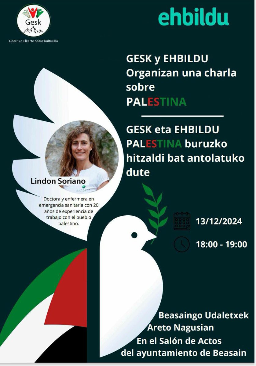 🇵🇸PALESTINAKO GENOZIDIOAZ HITZALDIA

🗓️ Abenduak 13, ostirala
🕕 18:00 - 19:00
📍 Udaletxeko batzar aretoa