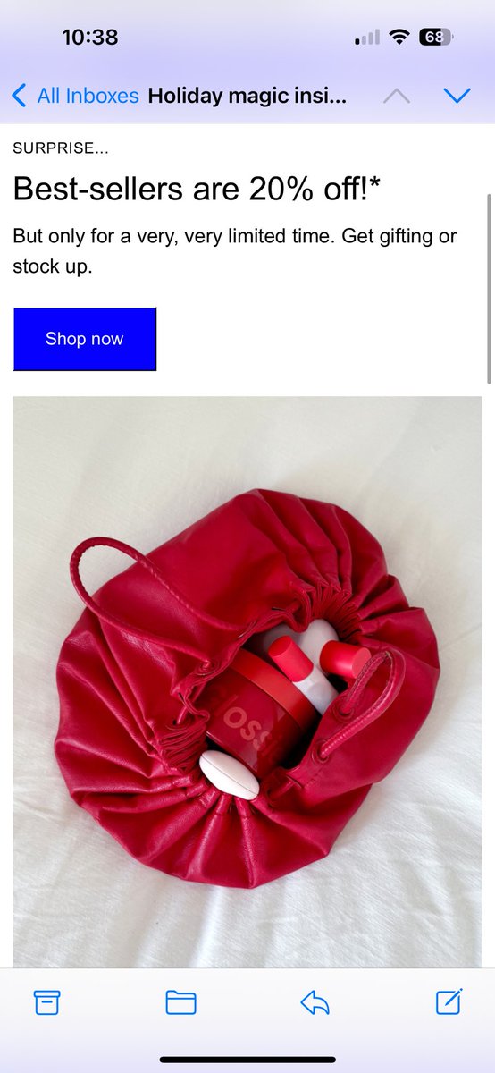 almcpeak's tweet photo. I think one smart strategy is to discount certain collections vs doing a sitewide sale because the latter feels very BFCM vs the former feels like a special bonus sale that doesn’t take away from the BFCM novelty

Like I noticed Glossier has basically been doing these daily deals https://t.co/tTMWbCfrkA