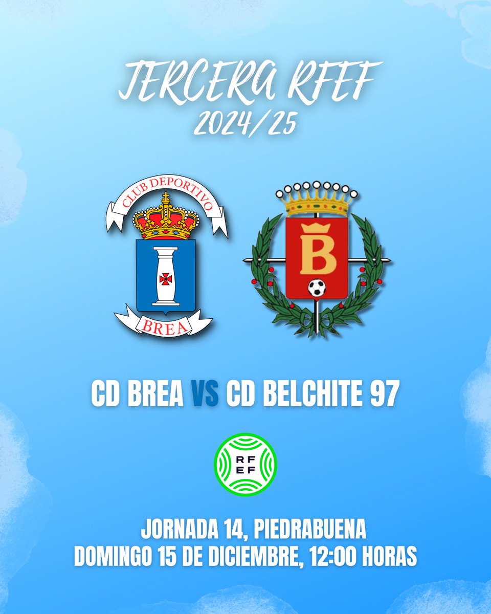 🖼 | 𝗝𝗢𝗥𝗡𝗔𝗗𝗔 𝟭𝟰

¡A por la tercera consecutiva! ⚽️

🗓 Domingo 15 de diciembre
🕛 12:00h
📍 Brea de Aragón
🏟 Piedrabuena

<a href="/cd_brea/">CD Brea</a> 🆚 <a href="/CD_Belchite97/">𝗖𝗗 𝗕𝗲𝗹𝗰𝗵𝗶𝘁𝗲 𝟵𝟳</a> 

🤍💙