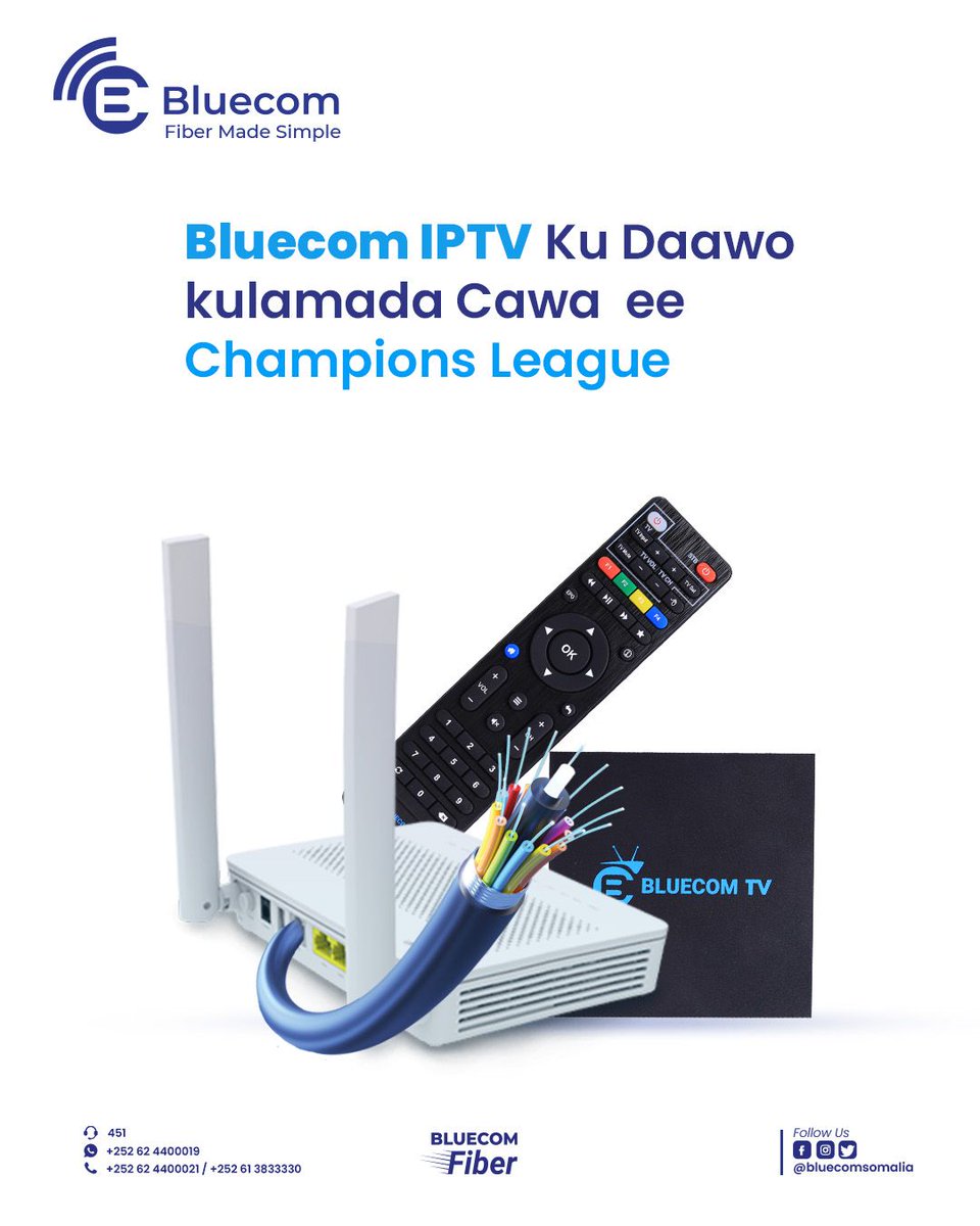 BluecomSomalia's tweet photo. 🏆 Watch all Champions League matches LIVE tonight on Bluecom IPTV!
👉 Register now: https://t.co/1sP8G1x7oE
📞 Need assistance? Call 451
🔥 Stay connected. Stay entertained!
#BluecomSomalia #BluecomIPTV https://t.co/zjlWAI10Iv