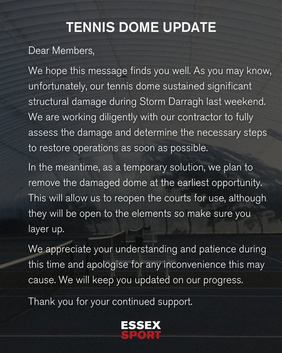 A message and update regarding our Tennis Dome. 

#EssexSport | #UniversityofEssex