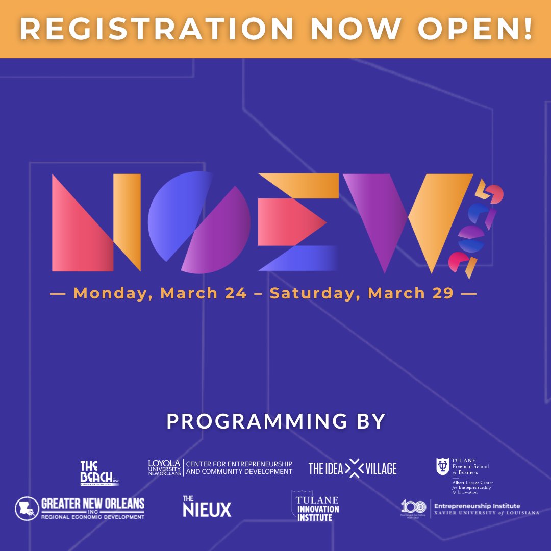 🎟️ It’s Official: #NOEW2025 registration is OPEN! 🔗 Register for the Summit: noew.org.

Be part of New Orleans Entrepreneur Week (March 24–29)—a FREE celebration of bold ideas, big connections, and entrepreneurial energy. 

💡 Keynotes 
🛠️ Workshops 
🤝 Networking