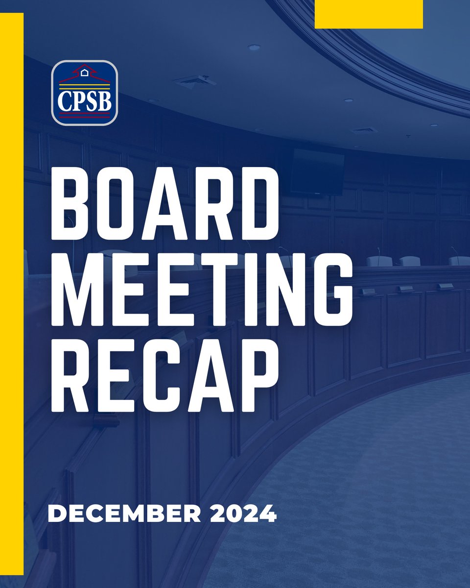 Last night's board meeting recap is now available for viewing. Last night's meeting included recognitions, election of new Board officers, the establishment of a new capital improvement fund, and more.  cpsb.org/our-district/b…