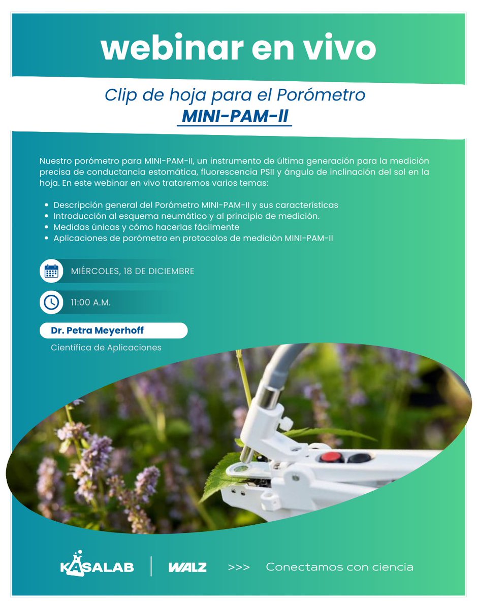 KASALAB's tweet photo. Webinar en vivo: Porómetro MINI-PAM-II 
Descubre cómo optimizar tus mediciones de conductancia estomática, PSII y más con esta herramienta avanzada.

🗓 18 de diciembre, 11:00 a.m. (Colombia)

¿Quieres asistir? ✍️ Déjanos un comentario y te enviamos el link de registro. https://t.co/73q6rDv6VF
