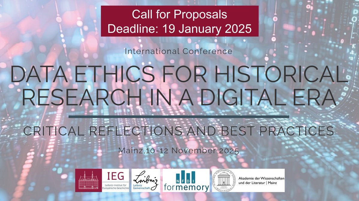 📢 Call for Papers – International Conference on “Data Ethics for Historical Research in a Digital Era: Critical Reflections and Best Practices” (Mainz, 10-12 November 2025)
Submit your abstract by 19 January 2025 and join the discussion. Details here: ieg-dhr.github.io/Data-Ethics/
