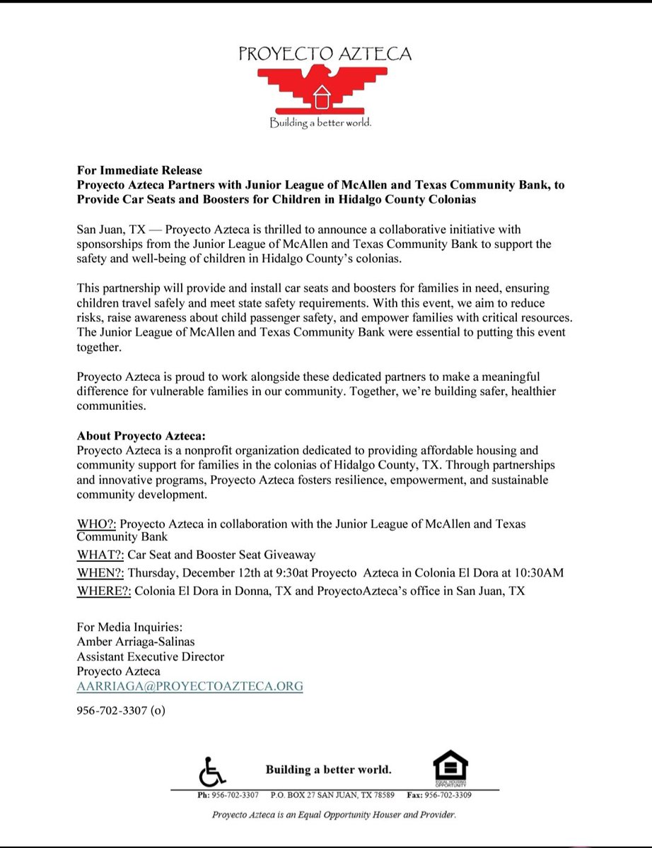 Proyecto_Azteca's tweet image. Proyecto Azteca Partners with Junior League of McAllen and Texas Community Bank, to Provide Car Seats and Boosters for Children in Hidalgo County Colonias tomorrow 12/12/24 @KVUE
@cbs4rgv @krgv @LilyCelesteTV @Telemundo40 @monitornews @cbs4rgv @kveotv23