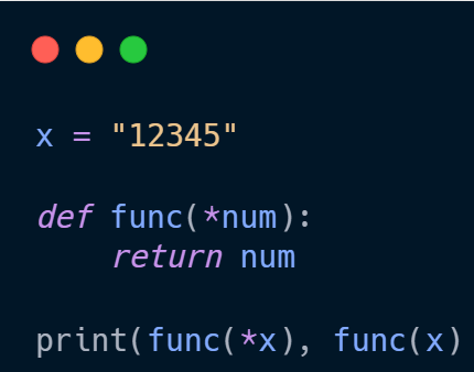 Python__Task's tweet photo. 🐍 **Quiz:**  

What will be the output of the following Python code?  

Choices:
A. `(('1', '2', '3', '4', '5'), ('12345',))` 
B. `(('12345',), ('1', '2', '3', '4', '5'))`  
C. `(('1', '2', '3', '4', '5'),)` 
D. `(('12345',),)`

#python #PythonTips #100DaysOfCode #Python_Task https://t.co/AckZN7Qrvp