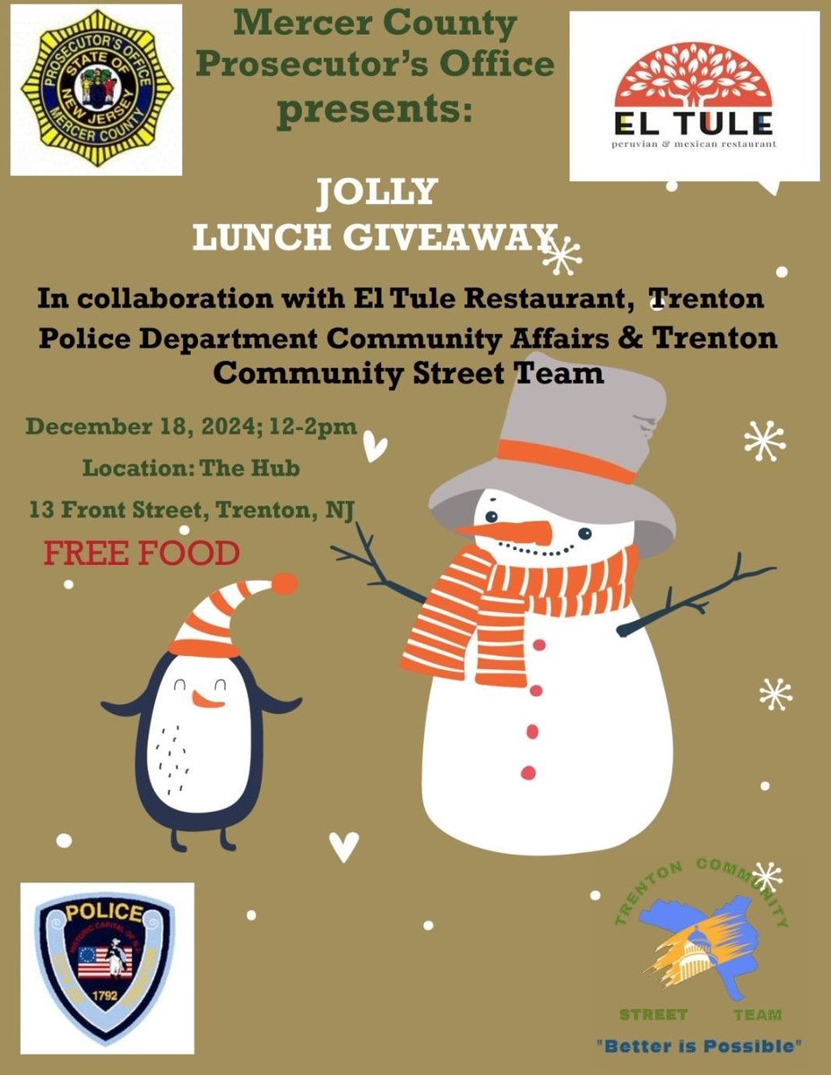 MercerCoPros's tweet image. Join the @MercerCoPros, @TrentonNJPolice
Community Affairs and @TCST___ on Wednesday, December 18, for a free meal event! 12 p.m. - 2 p.m. at The Hub, 13 Front Street in Trenton.