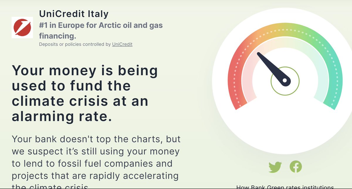 jkone27's tweet image. bank.green/banks/unicredi… #climatecrisis #fossilbanks 
@UniCredit_IT can you explain this? 
can you help your italian customers to opt out from financing fossil fuels and dirty projects money?