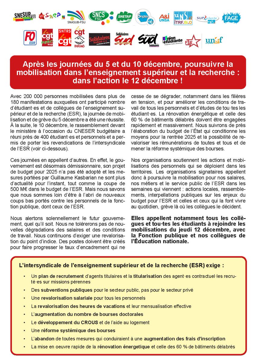 📢 Appel de l'Intersyndicale de l'#ESR -Dans l'action demain jeudi 12 décembre !
Après les journées du 5 et du 10 décembre, il faut poursuivre la mobilisation dans l'enseignement supérieur et la recherche !
cgt.fercsup.net/les-dossiers/l…