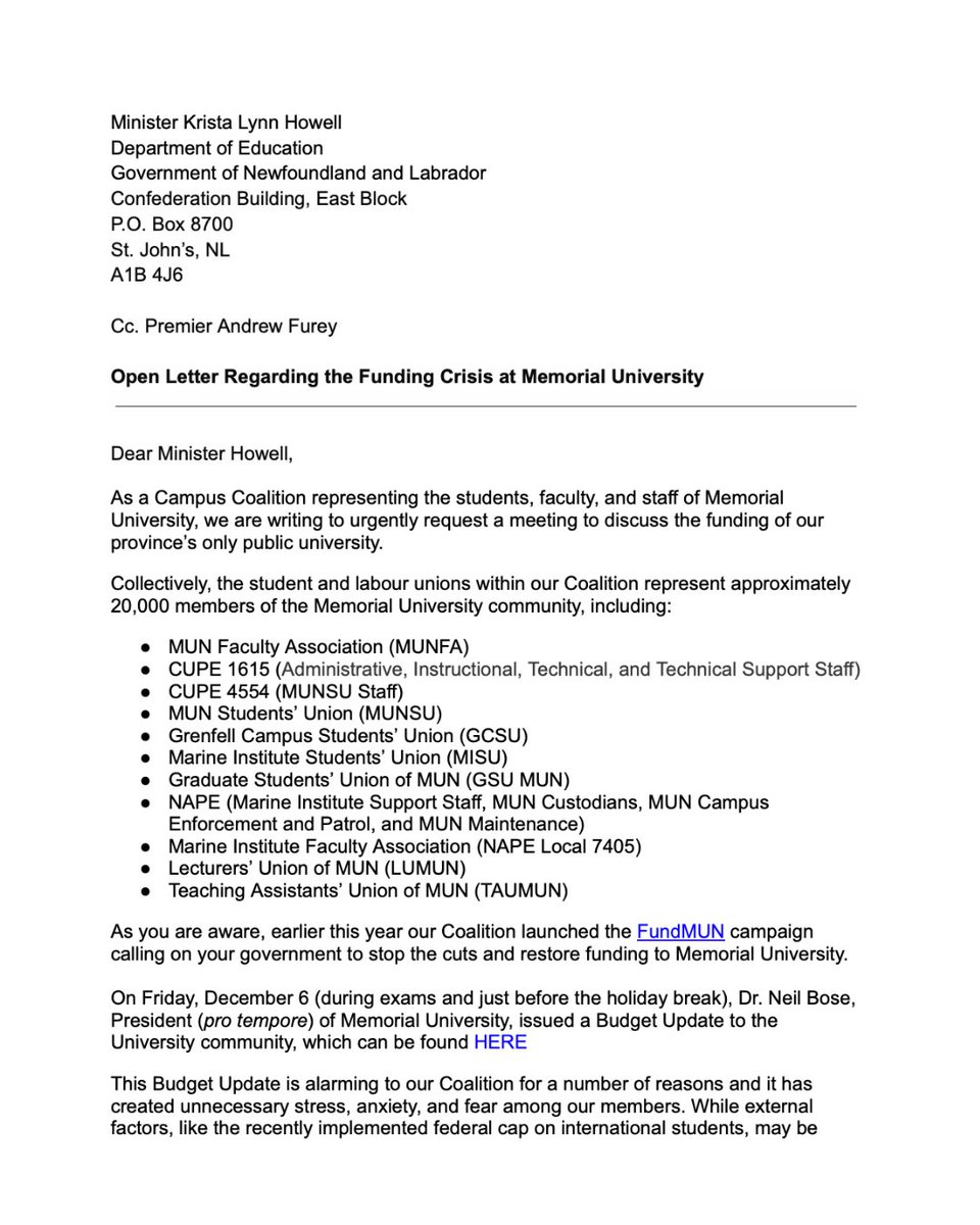 MUNSU35's tweet photo. Today, the MUN Campus Coalition, representing over 20,000 members of the university community, sent an open letter to Minister Krista Lynn Howell and Premier Andrew Furey calling on them to meet with stakeholders and to reverse their government's massive cuts to MUN.

#FundMUN https://t.co/FeL6J22JX6