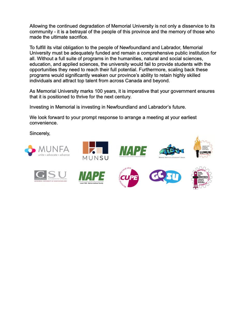 MUNSU35's tweet photo. Today, the MUN Campus Coalition, representing over 20,000 members of the university community, sent an open letter to Minister Krista Lynn Howell and Premier Andrew Furey calling on them to meet with stakeholders and to reverse their government's massive cuts to MUN.

#FundMUN https://t.co/FeL6J22JX6