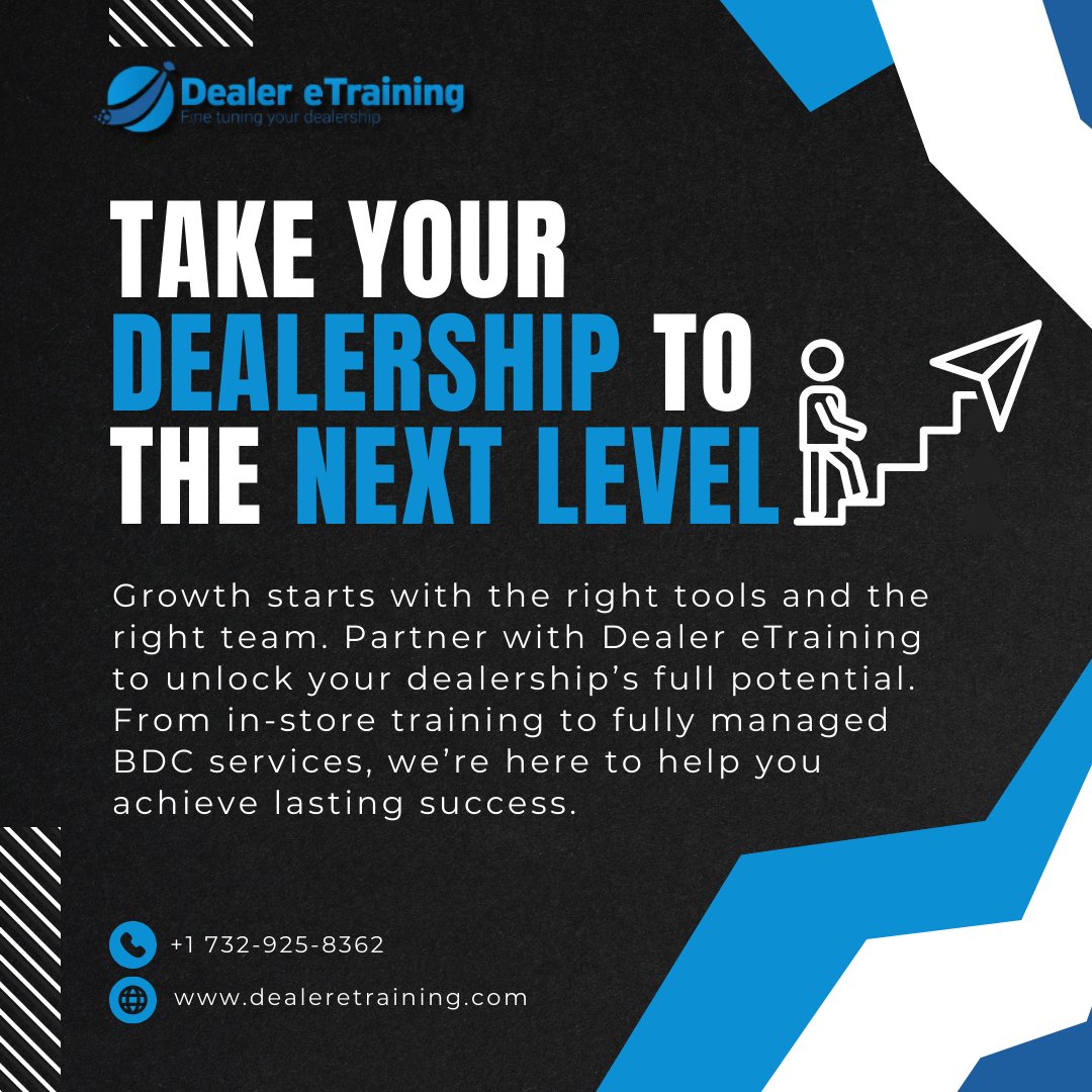 DealereTraining's tweet image. Ready to elevate your dealership? Partner with Dealer eTraining and let’s build success together—one step at a time. 💼 

#DealershipGrowth #BDCExperts #TrainingSolutions #DealerTraining