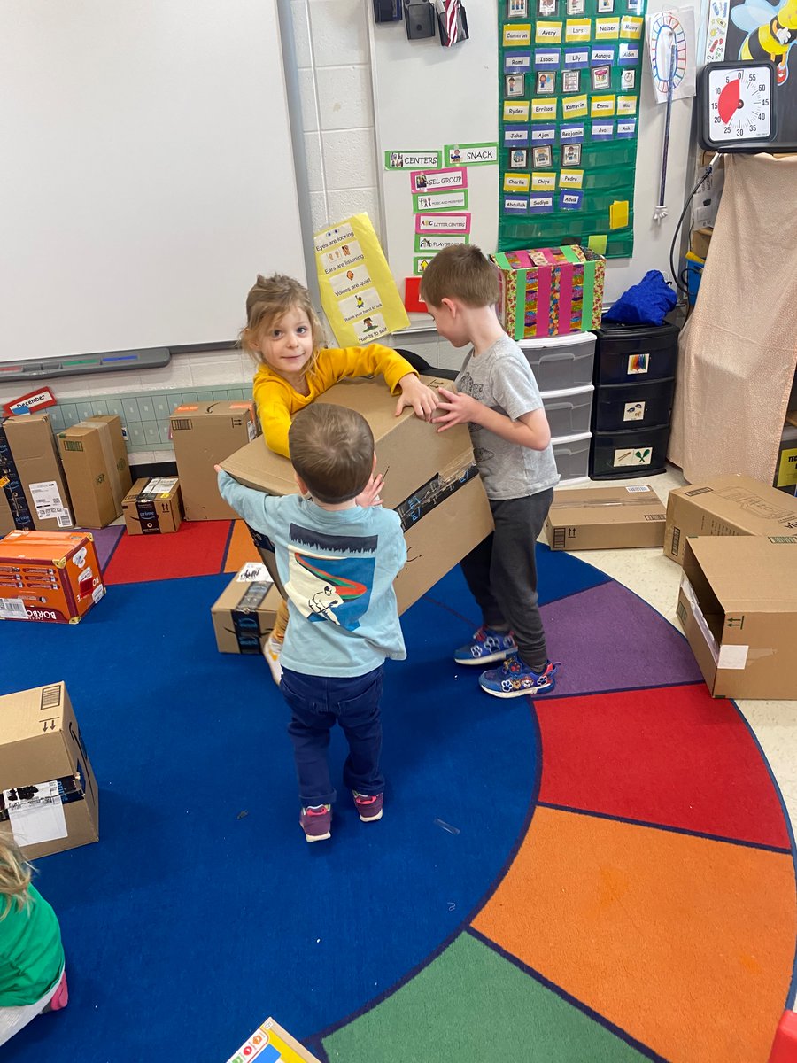 Our box study continues! This week we are building with actual boxes! We have made race tracks, towers, and caves to live inside. Team work is essential to managing these large building blocks.